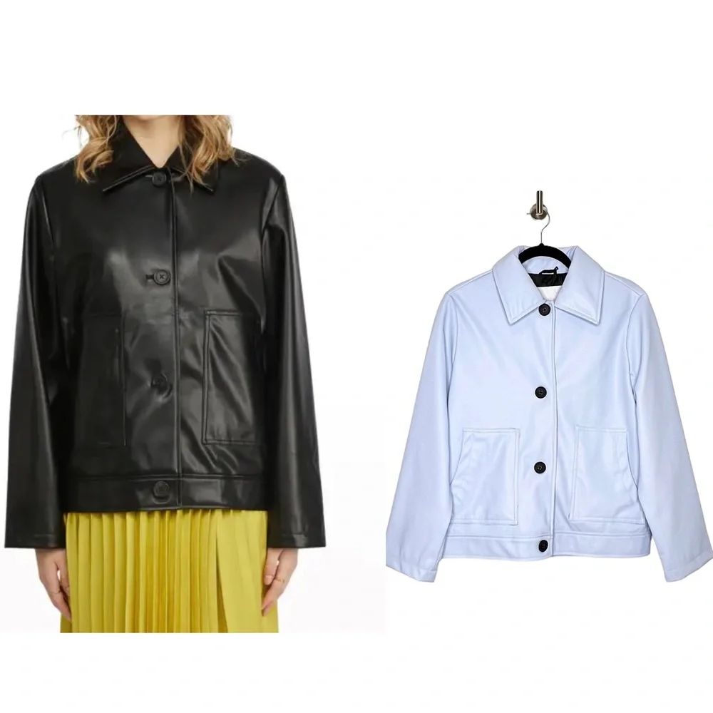 NVLT Women’s Vegan Leather Collared Trucker Jacket in Blue Size Small Petite - Picture 1 of 5